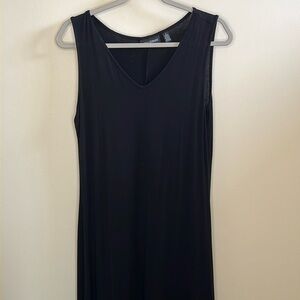 NINA LEONARD MEDIUM BLACK VNECK SLEEVELESS DRESS HI LO WITH FLORAL DESIGN